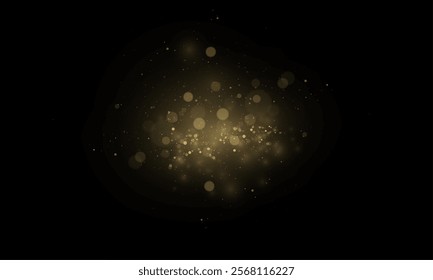 Magical golden cloud of glitter dust. Fine, shiny bokeh glitter particles and fine bright dust. Christmas golden glow effect on transparent PNG background.	
