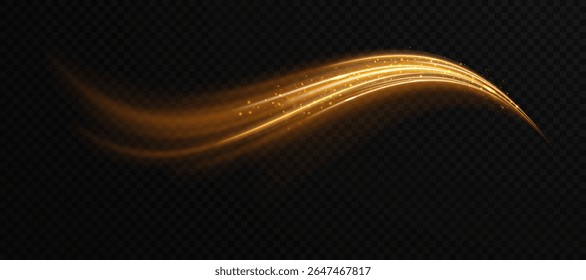Trilha de cometa dourado mágico com partículas cintilantes e brilho shimmer em fundo transparente. Perfeito para efeitos de fantasia, elementos decorativos da web, design de movimento festivo ou acentos mágicos de luxo