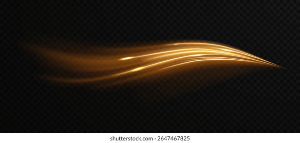 Trilha de cometa dourado mágico com partículas cintilantes e brilho shimmer em fundo transparente. Perfeito para efeitos de fantasia, elementos decorativos da web, design de movimento festivo ou acentos mágicos de luxo