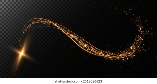 Estrella voladora dorada mágica con el bokeh Pequeño, brillante de las partículas de polvo, en fondo transparente oscuro.  Cometa dorado con estrellas brillantes y polvo volador.  Polvo en polvo ligero png. 