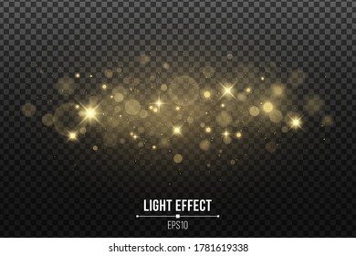 Magical golden glitters for Xmas isolated on a dark transparent background. Shining gold stars and magical Christmas dust. Glitters and glowing spots. Vector illustration. EPS 10