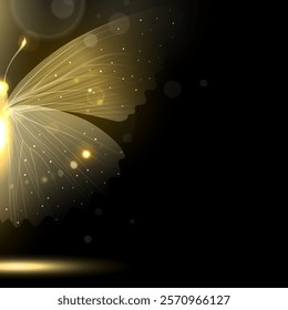 magical golden and glowing butterfly on black background