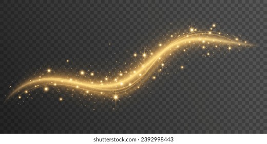 Magical golden glowing trail with dynamic magical dust and stars isolated on a dark transparent background. Sparkling wavy light effect. Christmas lights. Vector illustration. EPS 10.