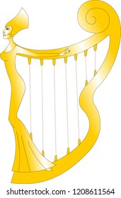 magical golden harp with the silhouette of a woman