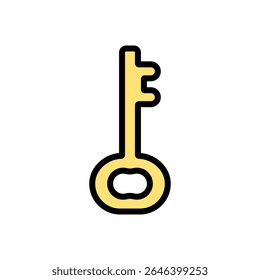 A magical golden key in colored outline style with shiny accents. Perfect for fantasy quest items, secret vaults, unlocking treasure chests, enchanted doors, and medieval puzzles.