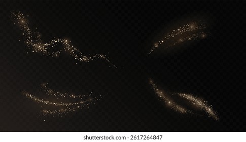 Magical golden light effect with sparkling dust and shimmering glitter.  Set of realistic vector trails of gold powder on dark transparent background