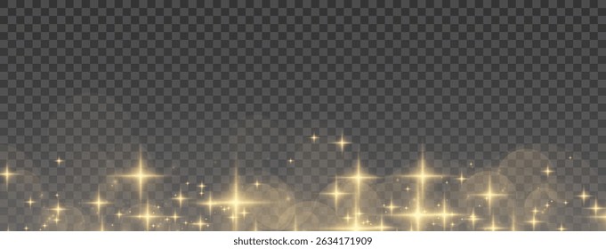 Magical golden PNG card with glowing stardust, glittering confetti, vibrant shine, bright flare and abstract snow particles on black background, Christmas sparkle, transparent texture and vector effec