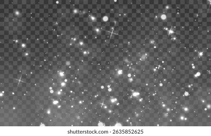 Magical golden PNG card with glowing stardust, glittering confetti, vibrant shine, bright flare and abstract snow particles on black background, Christmas sparkle, transparent texture and vector effec