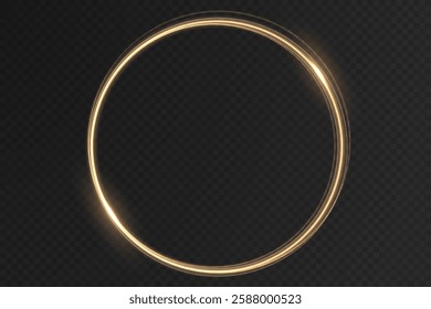 Magical golden ring with glowing light swirls, spark trails, and radiant reflections. A detailed vector illustration featuring a neon-inspired circular glow, futuristic speed effects