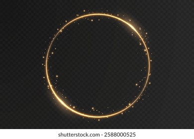 Magical golden ring with glowing light swirls, spark trails, and radiant reflections. A detailed vector illustration featuring a neon-inspired circular glow, futuristic speed effects