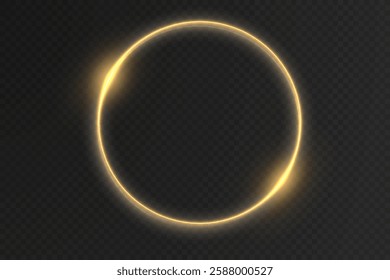 Magical golden ring with glowing light swirls, spark trails, and radiant reflections. A detailed vector illustration featuring a neon-inspired circular glow, futuristic speed effects