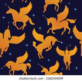 Magical golden unicorn Pegasus with wink star vector seamless pattern textiles paper wrapping