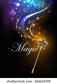 Magical golden wand with golden stars on black background.