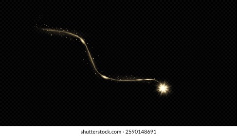 Magical golden wind festive isolated on transparent background. comet with sparkling stars . Powder dust light . Magical shining gold dust. Small shiny dust particles bokeh dust particles. PNG