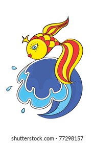 Magical goldfish on the wave. Vector illustration