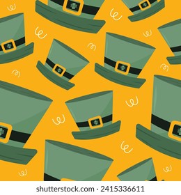 Magical green leprechaun hat pattern on yellow background. Patrick's dаy theme. For festive decor, wallpaper, textiles.