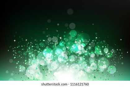 Magical green, nature season, stars falling with ribbons confetti, energy, glowing particles blurry scatter blinking shine sparkle celebration with curve lines abstract background vector illustration