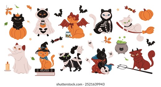 Magical Halloween cats flat color vector characters set. Feline pets in carnival costumes personages illustration pack on white background