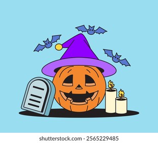 Magical Halloween Pumpkin with Witch Hat and Bats against a Sky Blue Background Cartoon Retro Hand drawn Vector illustration