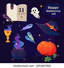 Magical Halloween Set for witch, sorcerer. Magic hat, goblet, pumpkin, gremoir, bird feathers, ghost, witch potion pot, spell book