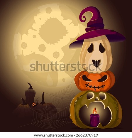 Magical Halloween vector illustration. A big moon shining brightly and three emotional Jack-o-lanterns, one wearing a magic hat. Mystical silhouettes of pumpkins, cobwebs and spiders.