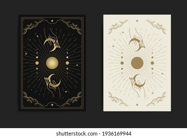 Magical hand and crescent moon card, with engraving, luxury, esoteric, boho, spiritual, geometric, astrology, magic themes, for tarot reader card. Premium Vector