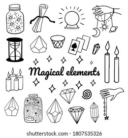 Magical hand drawn elements isolated on white background. Set of outline vector icons. Crystal, diamond, bottle, bank, cards, magic ball, scroll, candles, hand with sun, planet, hourglass. 