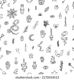 Magical hand drawn seamless pattern. Halloween. Doodle boho style. Witchcraft print. Mystical esoteric background. Vector illustration