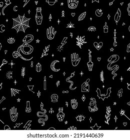 Magical hand drawn seamless pattern. Doodle boho style. Witchcraft print. Halloween. Mystical esoteric background. Vector illustration