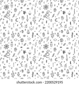 Patrón mágico sin fisuras dibujado a mano. Huella de brujería. Halloween. El estilo boho Doodle. Fondo esotérico místico. Ilustración del vector