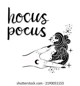 Magische Hand, die einen Zauber macht. Boho okkult Hexe Hand. Dunkle, gotische Tätowierung. "Hocus pocus", Buchstabengrafik