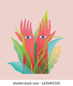 Magical hands art print with eyes watching in the nature florals grass and leaves. Esoteric oriental sacred and mysterious hands with watching eyes, surreal t shirt print design. Hand drawn vector.
