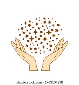 Manos mágicas. Boho oculta la mano mágica, el símbolo místico de la bruja, los brazos dibujados a mano con las estrellas, la luna y el cristal. brujería espiritual mágica, esotérica mística