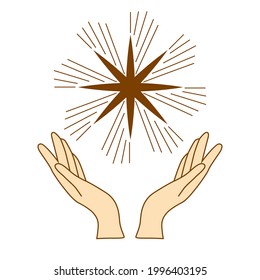 Magical hands. Boho occult magic hand, witch mystical symbol, witchcraft hand drawn arms with stars, moon and crystal. Magic spiritual witchcraft, mystic esoteric