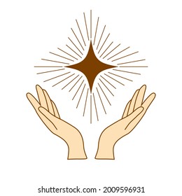 Magische Hände. Boho okkulte Zauberhand, Hexe mystisches Symbol, handgezeichnete Hexen mit Sternen, Mond und Kristall. Magische spirituelle Hexerei, mystische Esoterie