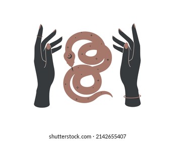 Magical hands and celestial snake. Spiritual tribal symbol for branding name logo. Esoteric mystical silhouette serpent for magic witch craft. Vector illustration