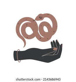 Magical hands with celestial snake. Spiritual tribal serpent for branding name logo in boho style. Esoteric mystical silhouette viper for alchemy witchcraft. Bohemian Vector illustration