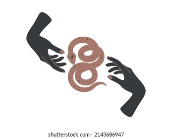 Magical hands and celestial snake. Spiritual tribal symbol serpent for branding name logo. Esoteric mystical silhouette viper for magic witch craft. Vector illustration