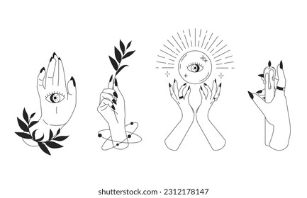 Magical hands set.Trendy linear minimal style woman hands holding different magical items.Esoteric and mystical design elements.Magic, wizardry and fortune-telling,witchcraft.Vector illustration