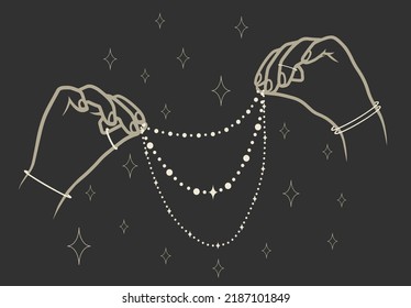 Magical hands with spiritual elements. Boho style vector art