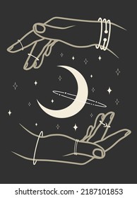 Magische Hände mit spirituellen Elementen. Boho-artige Vektorgrafik