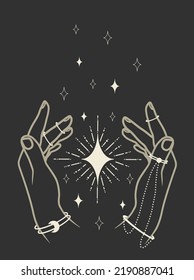 Magical hands with spiritual elements. Boho style vector art