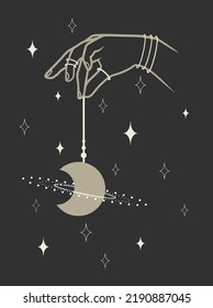 Magical hands with spiritual elements. Boho style vector art