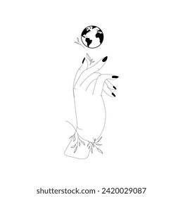 Magical hands template. Earth icon. Linear style, minimal design. Esoteric and mystical design elements.