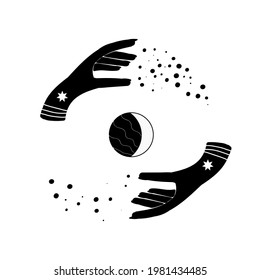 Manos mágicas. Dos manos, pentagrama de siete puntas y luna. Imprimir para camisetas.
