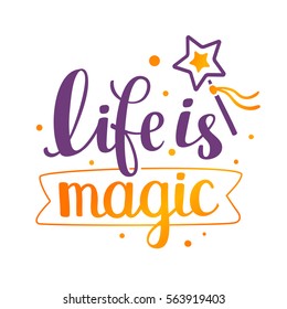 Magical handwritten vector lettering with magic wand and yellow line art ribbon on white background with color dots. Calligraphic inscription. Hand drawn lettering print. T shirt, sticker design