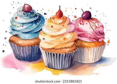 Magical Happy Birthday Cupcake Frosting watercolor white background. 