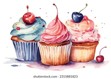 Magical Happy Birthday Cupcake Frosting watercolor white background. 