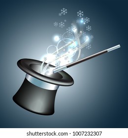 Magical hat with the glow and flying snowflakes. Abstract background of a wonderful winter. Vector illustration