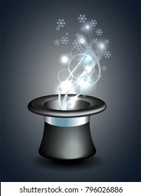 Magical hat with the glow and flying snowflakes. Abstract background of a wonderful winter. Vector illustration